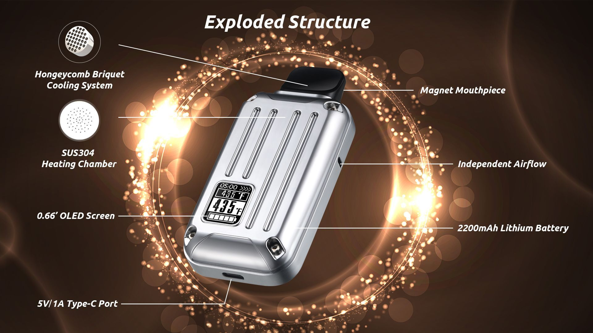 ANIX Uranus Dry Herb Vaporizer with specifications